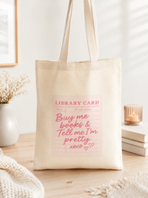 Load image into Gallery viewer, Book Lover Tote Bag | Library Card Canvas Tote | Cute Reader Gift | Booktok Tote Bag | Bookish Gift for Her | Literary Tote | Buy Me Books B
